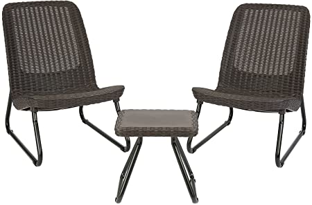 Keter Resin Wicker Patio Furniture Set with Side Table and Outdoor Chairs, Whiskey Brown