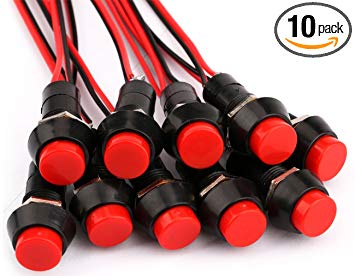 Round Red Cap On Off Switch 12V, 10PCs Mini Self Locking SPST Tactile On Off Push Button Switch with Lead DIY Electronics Accessories by Yeeco