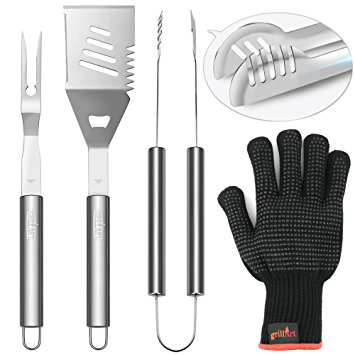 Grill Utensil BBQ Tools Set - GRILLART Reinforced Tongs 3-Piece Heavy Duty Stainless-Steel Barbecue Grilling Accessories, Metal Spatula, Tongs, Fork -Bonus Insulated Gloves (Orange)- NEW ARRIVAL