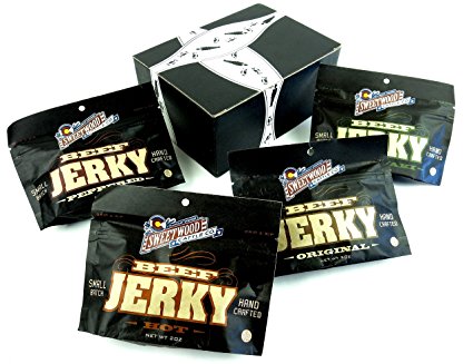 Sweetwood Cattle Co. Beef Jerky 4-Flavor Variety: One 2 oz Resealable Package Each of Original, Peppered, Hot, and Teriyaki in a BlackTie Box (4 Items Total)