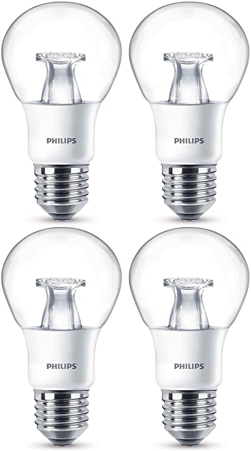 Philips E27 Edison Screw LED Classic Light Bulb, GLS A60, 6W, Dimmable, 470 Lumens, 40W Halogen Equivalent, WarmGlow Warm White - 4 Pack