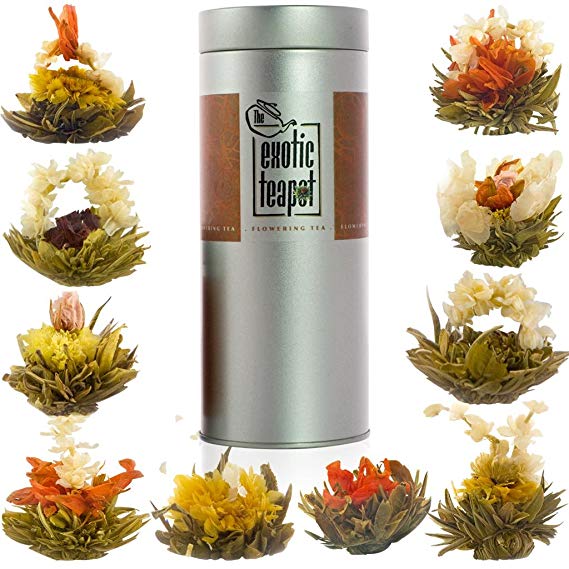 Flowering Tea Sampler Tin - 10 Varieties of Blooming Tea - All Different Flavours - Jasmine Tea - Vacuum Sealed Flower Tea Balls