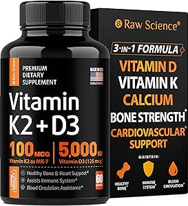 Vitamin D3 K2 Calcium Supplement - Vitamin D 5000 IU   Vitamin K2 MK7 100 mcg for Immune Support - Bone Strength & Heart Health Supplements, Teeth Vitamins With Bioperine - US-Made Non-GMO 60 Capsules