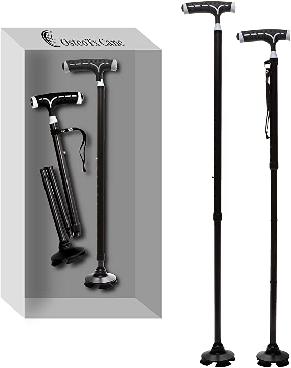 OsteoTx [2-Pack] Walking Canes for Men, Women, Seniors. Home & Travel Versions, Pivot/Glide Quad Base, Free Standing, Knee, Hip Replacement, Balance, Osteoarthritis, Arthritis. Walking Sticks (2).