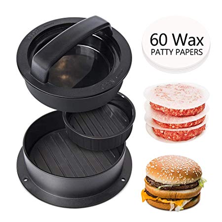 Hamburger Patty Maker Press Kit - 3 in1 Stuffed Burger Press Large Non Stick, Shapes The Perfect Delicious Patty!! - Give 60 Wax Patty Papers