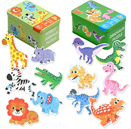 Jigsaw Puzzles for Toddlers 2-4 Years Old with Storage Box, Beginner Puzzles for Preschool Kids Best Animal Learning Educational Toy-Dinosaurs, Giraffe, Elephant, Lion, etc, Great Gift for Girl & Boy