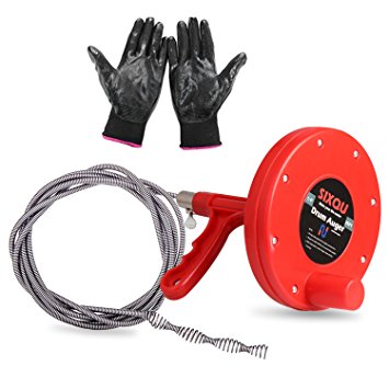 Drain Auger, SIX-QU Plumbing Snake Pipe Cleaner Household Auger with 1/4-Inch by 25-Feet Cable, Anti-skid Gloves Included