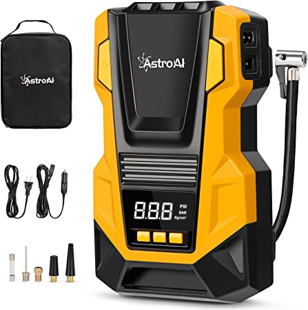 AstroAI Air Compressor Tire Inflator Portable DC/AC Air Pump Auto Tire Pump for Car Tires, 150PSI with LED Light for Cars, Balls, Motorcycles, and Other Inflatables(Yellow)…