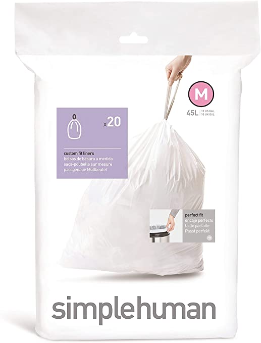 simplehuman Code M Custom Fit Drawstring Trash Bags, 45 Liters / 12 Gallon, 1 Refill Pack (20 Count)