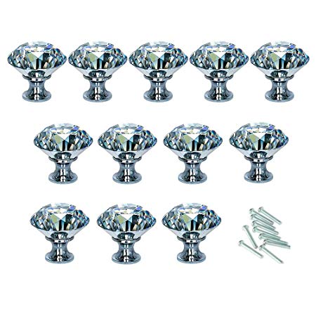HOSL 12-Pack 40MM Diamond Shape Crystal Glass Cabinet Knob Cupboard Drawer Pull Handle/Great for Cupboard, Kitchen and Bathroom Cabinets, Shutters, etc