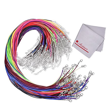 Antner 100 Multi-colored Leather Braided Wax Cord Necklace with Lobster Clasps, 1.5mm/19inches