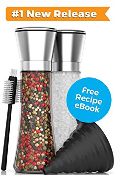 Stainless Steel Salt and Pepper Grinder Set - Best Tall Adjustable Coarseness Grinders - Extra Large 6.3 ounce Capacity Mills - FREE Collapsible No-Mess Funnel PLUS Cleaning Brush and Recipe eBook