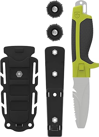 GEAR AID Tanu Dive and Rescue Knife with Sheath and B.C.D. Adaptor, 3” Blade, Nav Green, Gray