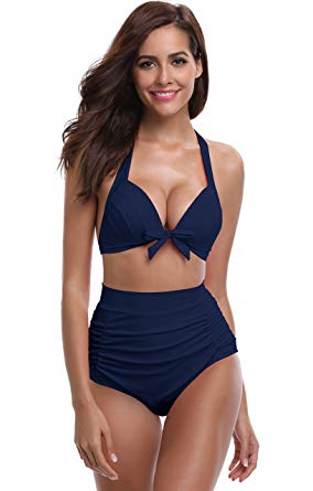 SHEKINI Women's Vintage Swimsuit Ruched Swim Bottoms Push Up Triangle Halter Bikini Top Twp Piece High Waisted Swimwear