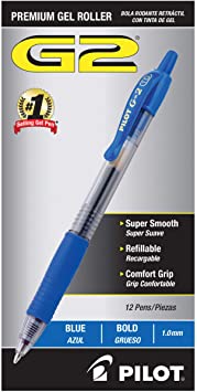 PILOT G2 Premium Refillable & Retractable Rolling Ball Gel Pens, Bold Point, Blue Ink, 12-Pack (31257)