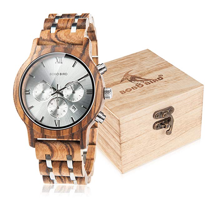 BOBO Bird Mens Wooden Watches Luxury Wood Metal Strap Chronograph & Date Dispaly Quartz Watch Versatile Male Timepieces