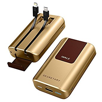 iWALK Credit Card Sized Power Bank 10000mAh Built in Lightning and Micro USB Cable, Integrated with Phone Stand, Voice prompt, Power Bank Mini Mobile Charger, Gold