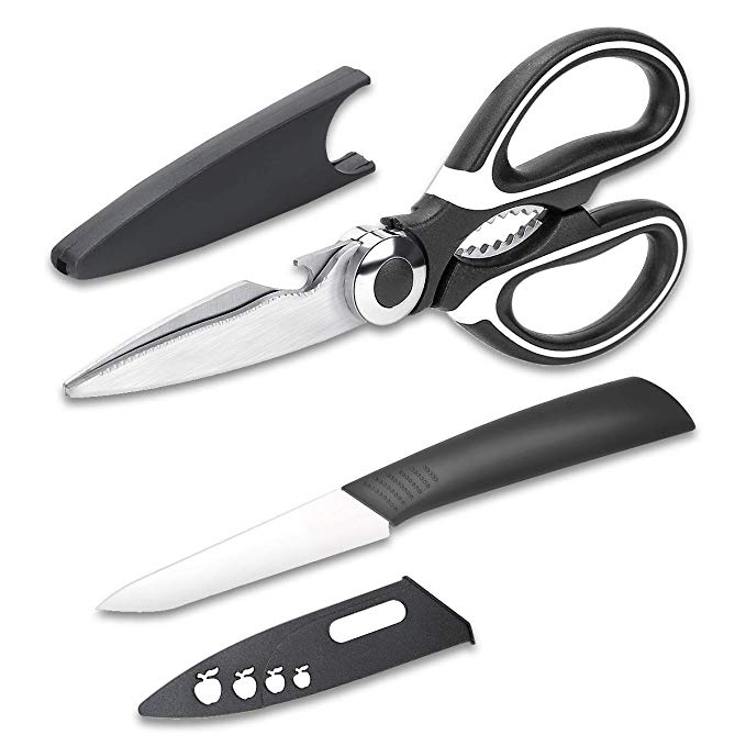 Kntiwiwo Kitchen Scissors Heavy Duty Ultra-Sharp Stainless-Steel Shears and Ceramic Knife Used to Cut Poultry Fish Meat Vegetable Black