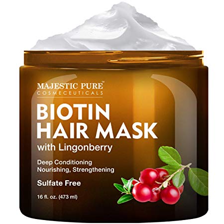 Biotin Hair Mask for Dry Damaged Hair with Lingonberry by Majestic Pure - Deep Conditioning Hair Treatment, Nourishing, and Strengthening, Sulfate Free, 16 fl oz