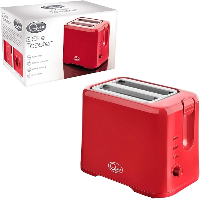 Quest 34299 2 Slice Toaster / Variable Browning Control / Reheat and Defrost / Crumb Tray and Cord Storage, Red