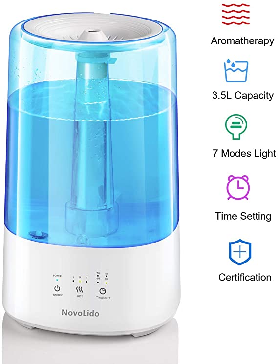 NovoLido 3.5L Humidifier for Bedroom with Timer, 2-in-1 Cool Mist Humidifier & Aromatherapy Vaporizer, 3 Mists & Night Light, Top-Fill Quiet Air Humidifier for Office Baby Large Room, Upgraded, Blue