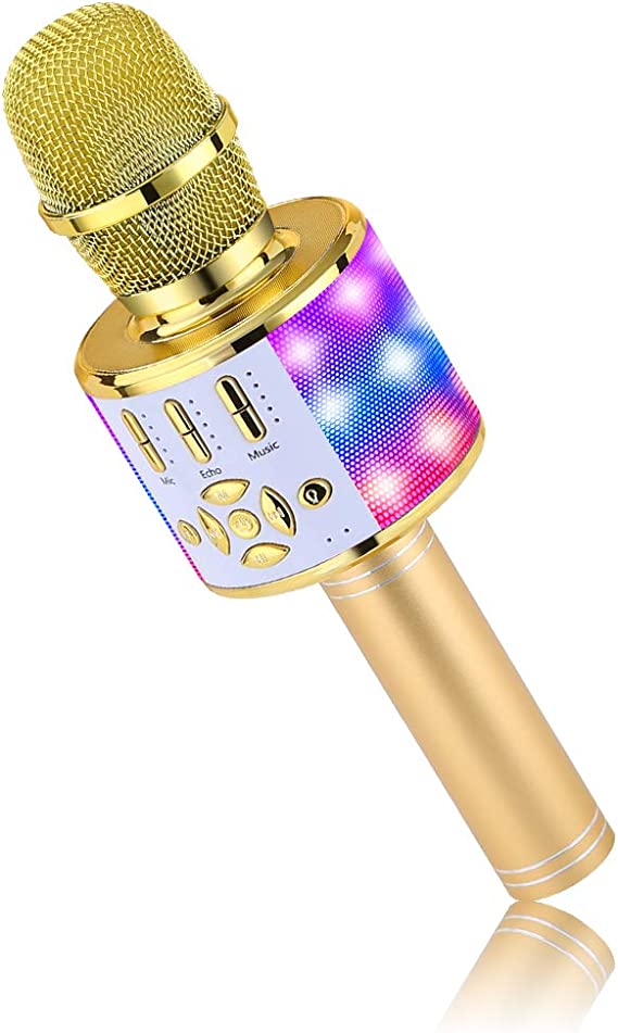BONAOK Karaoke Wireless Microphone Bluetooth, 4 in 1 Karaoke Kids Microphone, Handheld Led lights Kids Karaoke Mic Speaker,Home KTV Karaoke Machine,Compatible with IOS Android Bluetooth Devices(Gold)