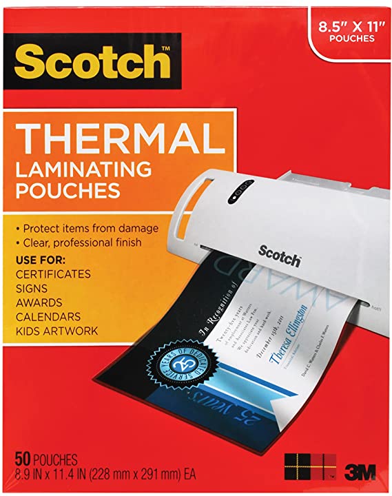 Scotch Thermal Laminating Pouches, 8.9 x 11.4-Inches, 3 mil thick, 50-Pack (TP3854-50)