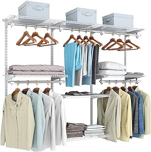 COSTWAY Closet Organiser System, Wall-Mounted Adjustable Metal Rail Garment Rack, Space Saving Clothes Storage Unit for Wardrobe and Bedroom (White, 4 Hanging Rods   6 Storage Shelves)