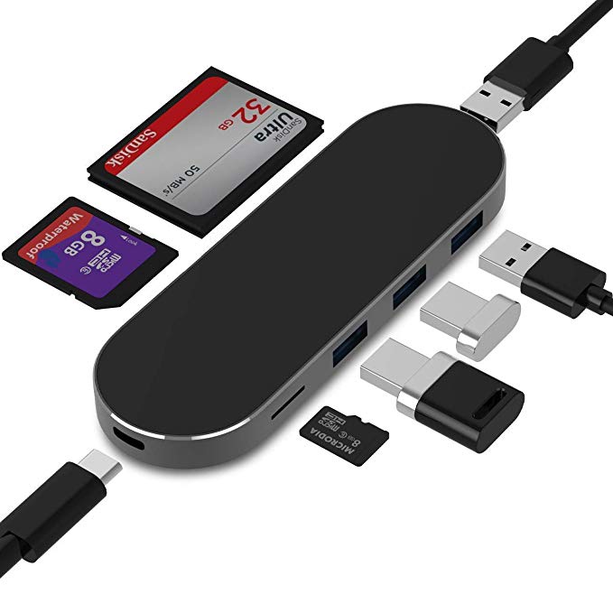 7-in-1 USB C Hub Aluminum Slim USB C Adapter with USB 3.0 Ports TF SD CF Card Reader Port Type C Anti-wear Mirror Surface Power Delivery Compatible for MacBook Phone Other USB C Laptop etc.