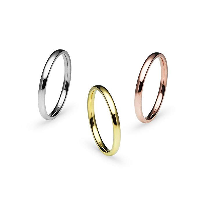 3pcs 2mm Stainless Steel Women's Plain Wedding Band Silver/Gold/Rose/Black/Blue/Tricolor Tone Half Sizes 5-12