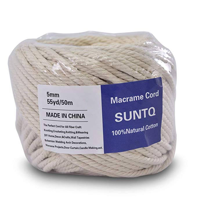 SUNTQ Macrame Cord 4-Strand Twisted 100% Natural Cotton (5mm x 164 Feet) Soft Cotton Rope for Handmade Plant Hanger,Wall Hanging,Crafts,Knitting,Decorative Projects Original Color Cotton String