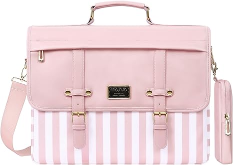 MOSISO Laptop Shoulder Bag, 15.6 inch Messenger Bag Compatible with MacBook, HP, Dell, Asus Notebook, 15 inch Polyester Vertical Stripe & PU Leather Flapover Computer Bag with Small Pouch, Pink