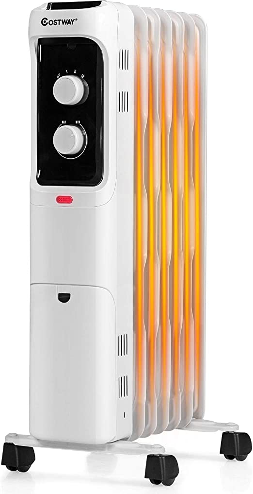 COSTWAY Oil Filled Radiator Heater, 1500W Portable Space Heater with 3 Heating Mode, Adjustable Thermostat, Tip-Over and Overheat Protection, Electric Heater for Home Office Indoor Use (White)