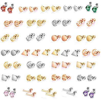 31 Pairs Stainless Steel Multiple Dainty Bar Dot CZ Earring Set-Mini Heart Shape Square Triangle Disc Moon Star Stud Earring Set-CZ Studs Gift for Teens Girls Women Men (31 Pairs)