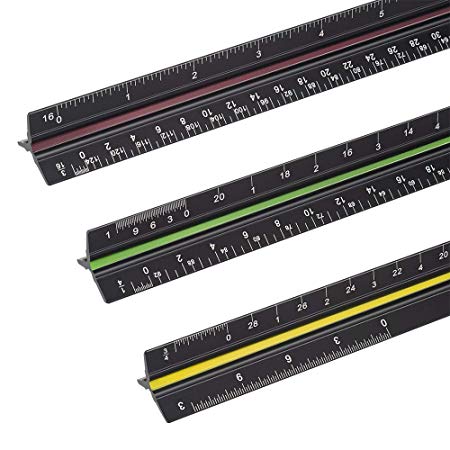 Aluminum Architect Scale Ruler, Sooez 12" Color-Coded Grooves Laser Etched Metal Triangular Architectural Scale Solid Triangular Scale Ruler, Black