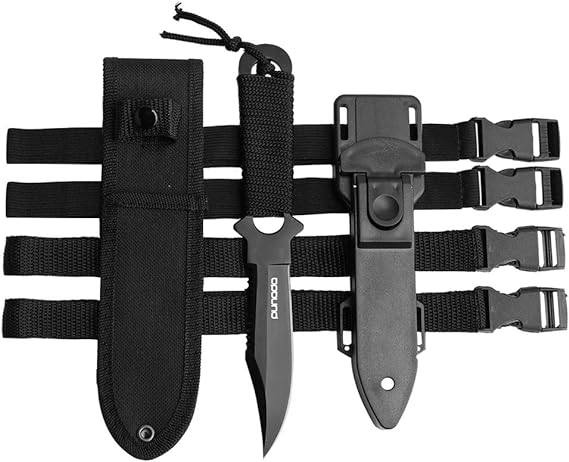 Scuba Diving Knife Leg Straps 2 Pairs, Black Tactical Knife 2 Types Sheath, Stainless Steel Diving Knives Scuba Diving, Spearfishing, Snorkeling, Hiking, Outdoor Use
