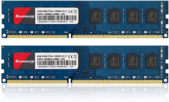 Kuesuny 16GB Kit (2X8GB) DDR3/DDR3L 1600MHz Udimm Ram PC3/PC3L-12800 PC3/PC3L-12800U 1.5V/1.35V CL11 240 Pin 2RX8 Dual Rank Non-ECC Unbuffered Desktop Computer Memory Ram Module Upgrade