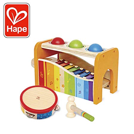 Hape Music Toys for Toddlers - Award Winning Wooden Pound & Tap Bench with Slide Out Xylophone and Tap Along Tambourine - Durable, Non-Toxic, Bright Colors