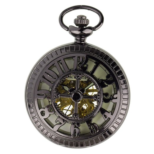 Night Vision Pacifistor Black Men's Hand Wind Up Semi Automatic Skeleton Mechanical Pocket Watch Included Chain #PX-013-B