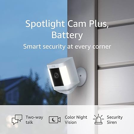 Certified Refurbished Ring Spotlight Cam Plus, Battery | Two-Way Talk, Color Night Vision, and Security Siren (2022 release) - White