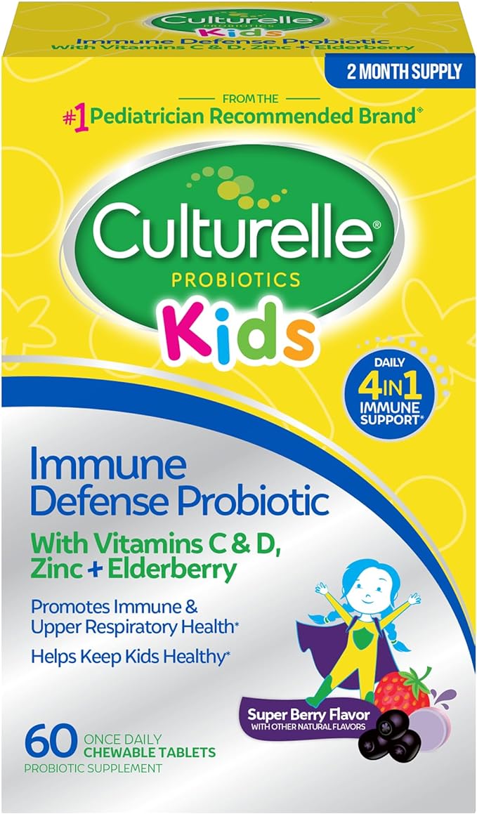 Culturelle Immune Defense Probiotic with Vitamin C, Vitamin D and Zinc   Elderberry, Non-GMO, 4-in-1 Immune Support for Kids Ages 3 *, Mixed Berry Chewables, 60 Count
