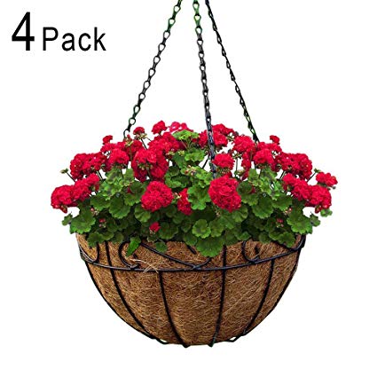 Metal Hanging Planter Basket with Coco Coir Liner 10 Inch Round Wire Plant Holder with Chain Porch Decor Flower Pots Hanger Garden Decoration Indoor Outdoor Watering Hanging Baskets