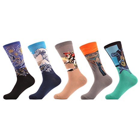 WeciBor Men's Colorful Oil Painting Combed Cotton Novelty Crazy Socks 5 Packs
