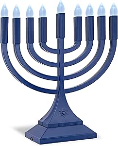 Zion Judaica 9" LED Hanukkah Menorah Blue Powered by Batteries or Included 3' USB C Cable Flameless Chanukkah Candles Holder LED Electric Minorah Bulbs Chanukah Decoration Lights Hanukkiah