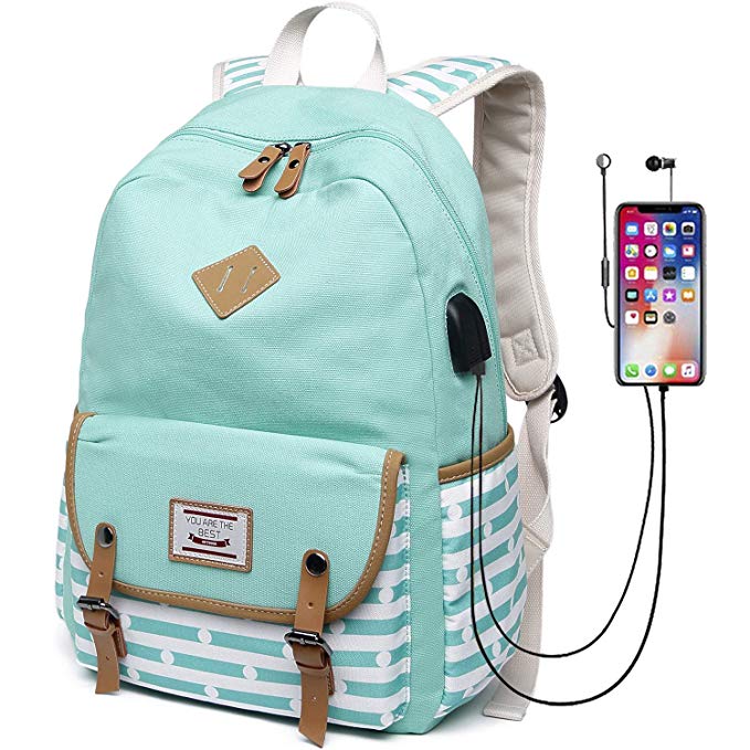 Canvas Travel Laptop Backpacks Girls Women College Backpack School Bag 15 inch USB Daypack Outdoor (619-Mint Green)