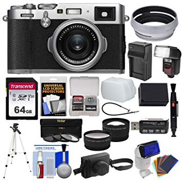Fujifilm X100F Wi-Fi Digital Camera (Silver) with Leather Case   64GB Card   Flash/Video Light   Battery & Charger   Tripod   Tele/Wide Lens Kit