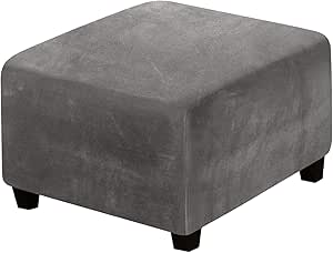 H.VERSAILTEX Square Ottoman Covers Ottoman Slipcover Square Footstool Protector Covers Storage Stool Ottoman Covers Stretch with Elastic Bottom, Feature Real Velvet Plush Fabric, Gray