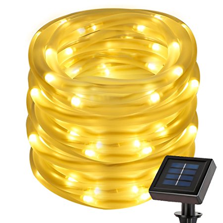 LE 22.97ft Solar Rope String Lights, Waterproof IP55, 50 LED, 3000K Warm White, Light Sensor, 2 Light Modes, Outdoor Rope Lights For Christmas Home Garden Bedroom Party Decoration