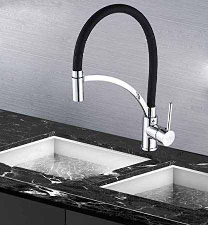 Kitchen Basin Sink Faucet- Aurho 360 Degree Swivel Spout Single Lever Pull Out Kitchen Sink Taps, Chrome Pull Down Kitchen Mixer Tap with Swivel Spout,Black