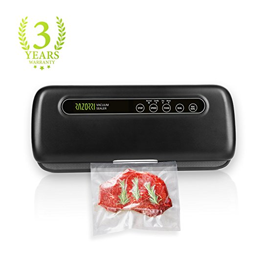 Razorri E5200-M Vacuum Sealer with Starter Kit for Food Sous Vide Cooker, Compact and Full Function includes Rolls and Bags, Easy-to-use Indicator Lights, Vacuum Speeds Selectable, Black